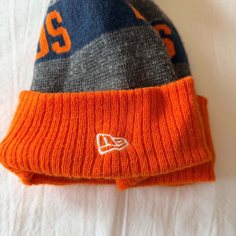Denver Broncos New Era Beanie Hat Pom Cuffed NFL Knit Fleece Lined Orange Gray - Picture 3 of 4